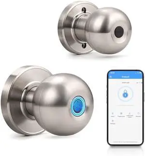 KNOBWELL Fingerprint Door Knob, Smart Door Knob with APP Control, Satin Nickel Keyless Entry Door Lock, Biometric Door Lock with Knob, Smart Lock for Bedroom Door Hotel Office Apartment