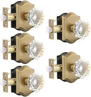 Gobrico 5 Pack Passage Crystal Door Knobs in Antique Brass for Hall Closet Laundry Room,Clear Octagon Shape,Keyless Outside for Interior Room