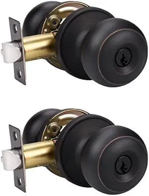 KNOBWELL 2 Pack Exterior Door Knobs with Key, Keyed Entry Door Knobs, Security Door Knobs with Lock and Key for Bathroom/Bedroom, Oil Rubbed Bronze