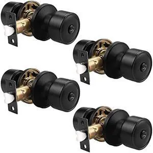 knobelite 4 Pack Door Knobs Privacy Function Keyless Lock Black Interior Round Door Lock, Flat Door Knob with Lock for Bedroom/Bathroom