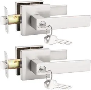KNOBWELL 2 Pack Front Door Handles with Lock and Key, Lockable Door Knobs Entrance Door Lockset Brushed Nickel Square Door Levers(Same Key)