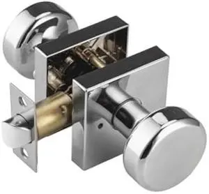 Polished Chrome Door Knobs with Square Rosette, Interior Door Handles for Bath & Bed, Heavy Duty Door Knob with Lock