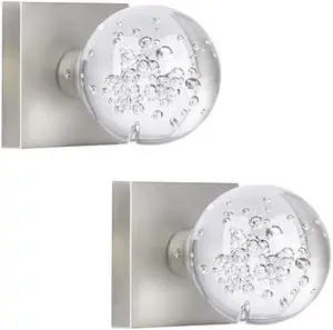 2 Pack Crystal Glass Dummy Door Knobs Interior, Hall Closet Door Knobs Brushed Nickel, Clear Bubble Ball Round Non-Turning Bi-fold Door Knob Set