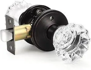 KNOBWELL 5 Pack Privacy Crystal Door Knobs Interior, Clear Indoor Glass Door Knobs with Lock for Bedroom and Bathroom, Keyless Glass Door Locks in Round Oil Rubbed Bronze Plate