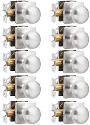 GOBEKOR 10 Pack Passage Door Knobs Keyless Interior Door Knobs with Lock Brushed Nickel Round Closet Door Knob Stainless Steel Square Door Knob
