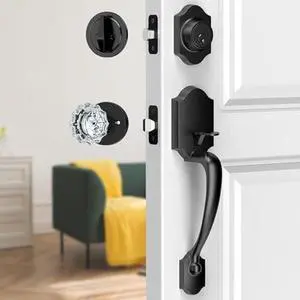 Black Front Door Handle and Deadbolt Set, Classic Front Door Lock Set with Crystal Glass Door Knob, Reversible Entry Door Handle for Right&Left Handed, Matte Black
