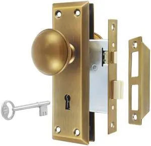Mortise Lock Set for Interior Door, Vintage Antique Brass Door Knobs with Lock and Skeleton Key, Replacing Old Style Doors
