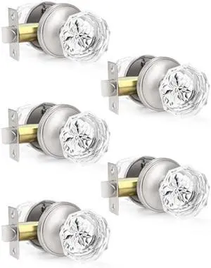5 Pack Orger Glass Door Knobs for Hallway and Closet, Crystal Passage Door Knobs with Round Diamond Shape, Non-Locking Interior Door Handles, Round Rosette with Satin Nickel Finish