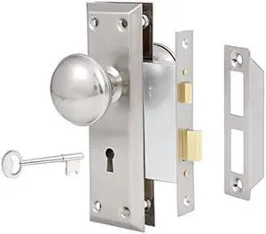 Mortise Lock Set for Interior Door, Vintage Door Knob with Lock and Skeleton Key, Antique Door Knobs Brushed Nickel Finish