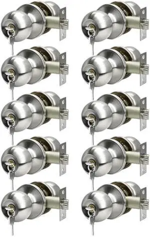 Door Knob with Lock and Keys, Ball Stainless Steel Entry Door Lock with Keyed,Exterior/Interior Door Handles for Bedroom or Bathroom,Satin Nickel,(10Pack)