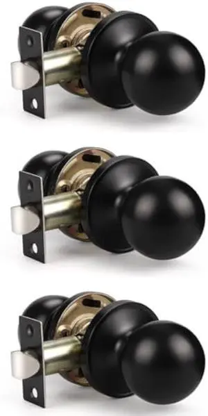KNOBWELL Matte Black Interior Door Knob, Closet Door Knobs with Round Ball Knob for Passage, Hallway, Keyless Non-Locking Indoor Door Knobset, 3 Pack