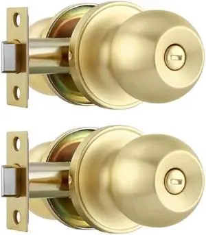 Leydebong 2 Pack Gold Door Knobs for Bedroom Bathroom, Interior Door Knob with Round Ball, Satin Brass Door Knob with Privacy Function