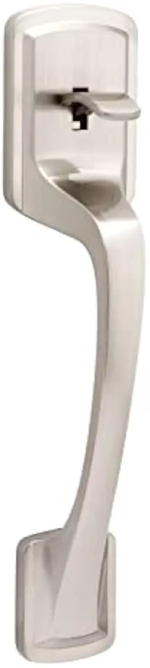 Kwikset Prague Front Door Handle No Lock, Entry Handleset Exterior with Interior Door Knob, Non-Locking, Satin Nickel, Deadbolt Not Included, with Microban Protection