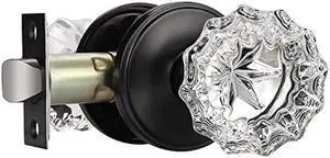 KNOBWELL 2 Pack Classic Round Glass Door Knobs Interior, Passage Clear Crystal Door Knobs for Hall and Closet, Matte Black Vintage Door Knob
