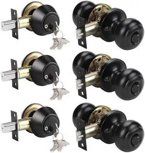 KNOBWELL 3 Pack Keyed Alike Entry Door Knobs and Double Cylinder Deadbolt Lock Combo Set Security for Exterior and Front Door, Keyed Entry Door Locksets with Deadbolt, Matte Black Finish