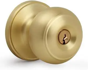 Keyed Entry Door Knob, Flat Ball Interior Door Knob with Lock, Round Exterior Doorknob for Front/Entrance Doors, Satin Brass