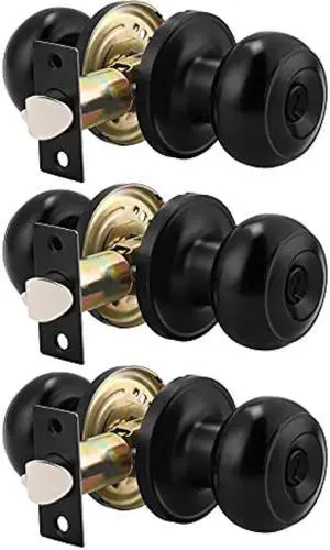 Probrico (3 Pack) Black Round Entry Door Knobs Keyed Alike, Exterior/Interior Door Handles Bedroom Bathroom/Front/Offic Doors, Door Lock with Locks and 3 Combo Keys Lock Security