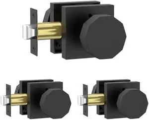 Amerdeco 3 Pack Privacy Door Knobs Matte Black Door Knobs Interior Heavy Duty Bedroom and Bathroom Door Locks Square Base Round Door Knob AM0026