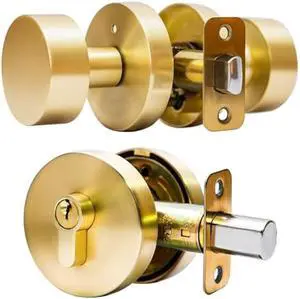 Gold Entry Door Knob and Single Cylinder Deadbolt Lock Combo Set, for Satin Brass Heavy Duty Door Knobs Suitable for Hallway, Wardrobe, Bathroom,etc for All Standard Size Doors