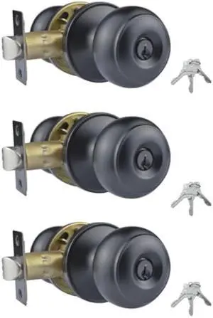 Stainless Steel Ball Entry Door Knob, Keyed-Alike Matte Black Entrance Door Knob, 3 Pack