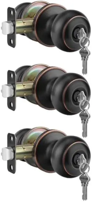 Haidms Oil Rubbed Bronze Door Knobs, Exterior Door Knobs, Classic Locking Door Knob with Key, Bronze Keyed-Alike Entry Door Knob (3 Pack)