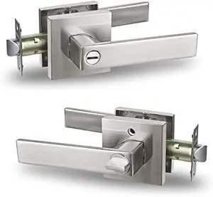 Privacy Square Heavy Duty Handle Brushed Nickel Door Lever Without Keys for Bedroom or Bathroom,USHTL01-SN-BK-2P