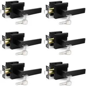 Matte Black Door Handles 6-Pack, Keyed Entry Interior Door Knobs(Same Key), Zinc Alloy Heavy Duty Lever Handle(2.2lb), Fits Standard Doors 1-3/8 to 1-3/4 for Bedroom Bathroom