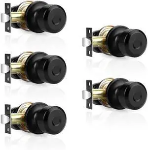 Probrico Passage Interior Door Knobs in Black with Flat Ball Shape for Hall and Closet, Non-Locking Keyless Stainless Steel Handles Reversible for Left and Right Handed Doors,5 Pack