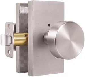 Brushed Nickel Zinc Alloy Privacy Door Knob with Lock, Heavy-Duty Round Handle with Rectangle Frame, Bedroom Bathroom Interior Quick Installation Lock Set, 1 Pack