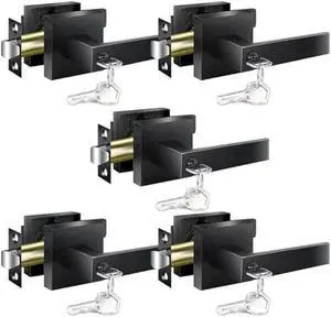 Door Handles Interior, Door Knobs Interior, Black Door Handle with Reversible Lever, Keyed Alike Door Lock Sets for Bedroom, 5 Packs Heavy Duty Door Lock Sets, Matte Black