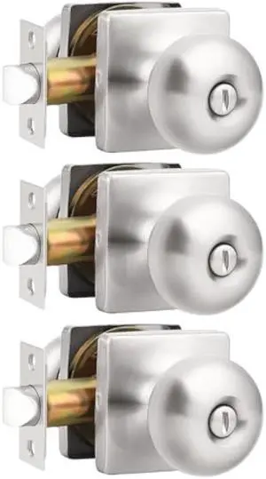 GOBEKOR 3 Pack Privacy Door Knobs Interior Brushed Nickel Bedroom Bathroom Door Knob with Lock Square Interior Door Knobs Keyless Door Handles