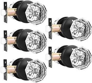 Orger 5 Pack Glass Door Knobs with Flat Black Rosette, Bath/Bed Door Knobs for Privacy Use, Keyless Interior Door Handles with Diamond Shape Crystal Glass and Zinc Alloy Base