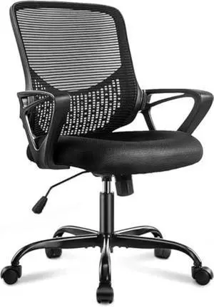 Desk Computer Chair with Wheels Ergonomic Home Office Chair with Lumbar Support and Fixed Armrests, Mid Back Mesh Chair Rolling Swivel ChairBlack