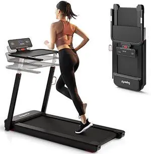GYMAX Foldable Desk Treadmill with Height Adjustable Desktop, Portable Running Walking Jogging Machine for Workout, Compact for Small Space Office Home Gym