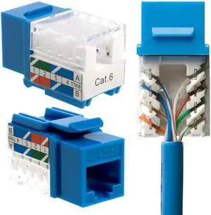 SATMAXIMUM 20 Pack Cat6 Keystone Ethernet Wall Jacks RJ45 Punch Down Slim Profile UTP Blue, 45 Degree for Patch Panel & Wall Plate, Supports Up to 10Gbps