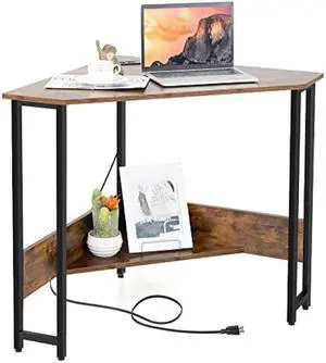Tangkula Corner Desk with Power Outlet & USB Ports, Triangle Computer Desk with Charging Station, Storage Shelf, Space Saving Writing Desk, Vanity Table, Corner Desk for Small Space (Rustic Brown)