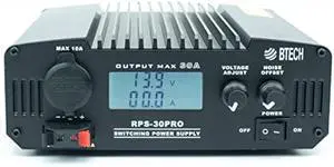 BTECH RPS-30PRO 30 Amp Regulated Universal Compact Bench Power Supply, AC-to-DC Power Convertor, 13.8V (9~15VDC Adjustable) with Noise Offset Adjustment, includes multiple power connections