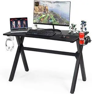 Tangkula Computer Desk Gaming Desk, Ergonomic E-Sports Desk with Cup & Headphone Holder and Mouse Pad, Gamer Workstation with Carbon Fiber Surface and X-Shape Steel Frame, Home Office Desk (Black)