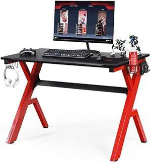 Tangkula Computer Desk Gaming Desk, Ergonomic Gamer Workstation with Cup & Headphone Holder Mouse Pad, Carbon Fiber Surface and R-Shape Steel Frame, Game Desk Gaming Workstation (Black & Red)