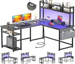 Aheaplus L Shaped Desk with Power Outlet & LED Strip, Reversible L-Shaped Corner Computer Desks Gaming Desk with Storage Shelf & Monitor Stand, Modern 2 Person Home Office Desk Writing Desk, Grey Oak