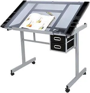JupiterForce Adjustable Drafting Table Art Desk Drawing Table Versatile Art Craft Work Station Glass Tabletop w/2 Slide Drawers and Wheels for Reading, Writing, Painting Home Office