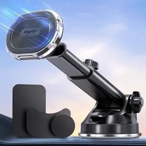 volport Magnetic Phone Holder for Car, Industrial-Strength Suction Cup Phone Mount Windshield Dashboard, Strong Magnets Adjustable Phone Mount for Phone, Requires Metal Plate (3 Included) for Use