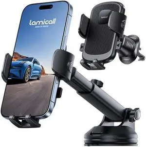 Lamicall Car Phone Holder Mount [3-in-1 Military-Grade Suction Cup] 360° Rotation Phone Holders for Your Car [Metal Hook] Cell Phone Car Mount Dashboard Vent Windshield for iPhone 17 16 All Smartphone