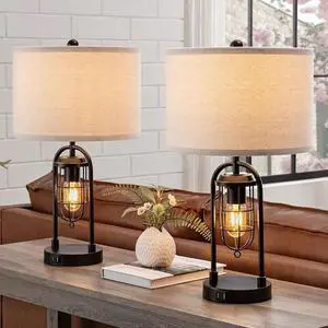 KAWOTI Set of 2 Farmhouse Table Lamps with USB Ports and Night Light Modern Nightstand Lamp for Living Room BedroomBulbs Included