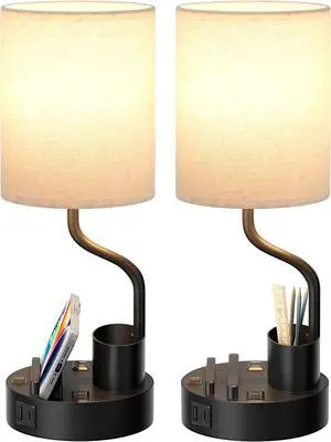 Bedside Table Lamps for Bedroom Set of 2 - Nightstand Light with AC Outlet and USB A & C for Charging, 3 Color Temperatures, Study Desk Lamp with Pen Holder & Phone Stand for Living Room/Dorm/Office