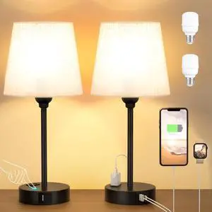 Mini Bedside Lamps for Bedrooms Set of 2 - Nightstand Bedroom Lamps with USB C Port and AC Outlet Charging, Dimmable Touch Small Bed Side Table Lamp, Black Night Stand Light for Kids/Guest Room