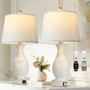 PARTPHONER Table Lamps Set of 2, Bedside Touch Lamp with USB C+A Charging Ports, Side Table Lamp with White Fabric Shade (LED Bulbs Included)