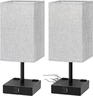 Bedside Table Lamps Set of 2 - Touch Nightstand Lamp for Bedroom with USB C+A Charging Ports & AC Outlets, 3-Way Dimmable Desk Lamp Grey Fabric Shade for Bedroom Living Room, Office(Bulb Included)
