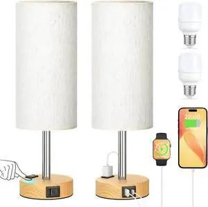 Touch Bedside Table Lamps Set - 3 Way Dimmable Bedroom Lamps Set of 2 with USB C and A Ports, Small Lamps for Nightstand with AC Outlet, Wood Base Round Flaxen Shade for Desk, Office, Dorm, Nursery