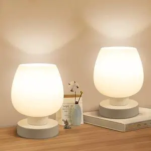 Touch Bedside Table Lamp Set of 2 - Small Modern Table Lamp for Bedroom Living Room Nightstand, 3-Way Dimable Desk lamp with White Opal Glass Lamp Shade, 2700K LED Bulb, Simple Design Home Decor